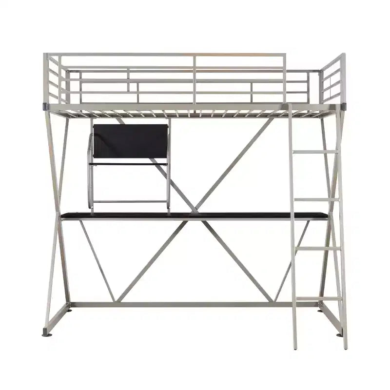 Modern Industrial Pewter Metal Kids' Twin Loft Bed with Built in Study Desk