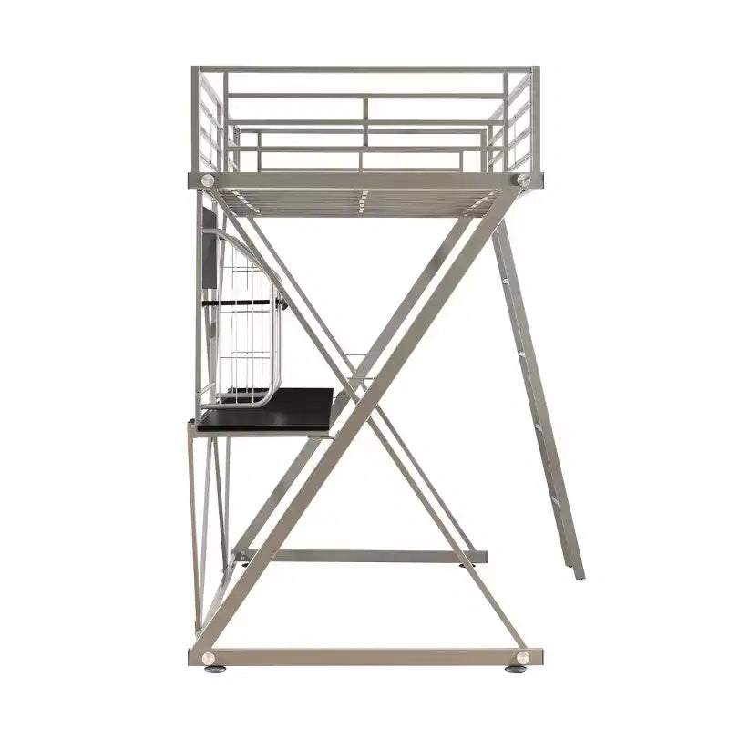 Modern Industrial Pewter Metal Kids' Twin Loft Bed with Built in Study Desk