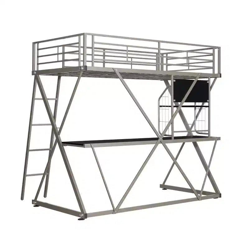 Modern Industrial Pewter Metal Kids' Twin Loft Bed with Built in Study Desk