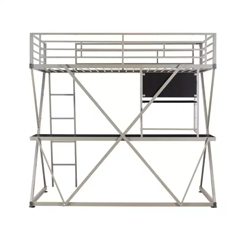 Modern Industrial Pewter Metal Kids' Twin Loft Bed with Built in Study Desk