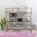Modern Industrial Pewter Metal Kids' Twin Loft Bed with Built in Study Desk