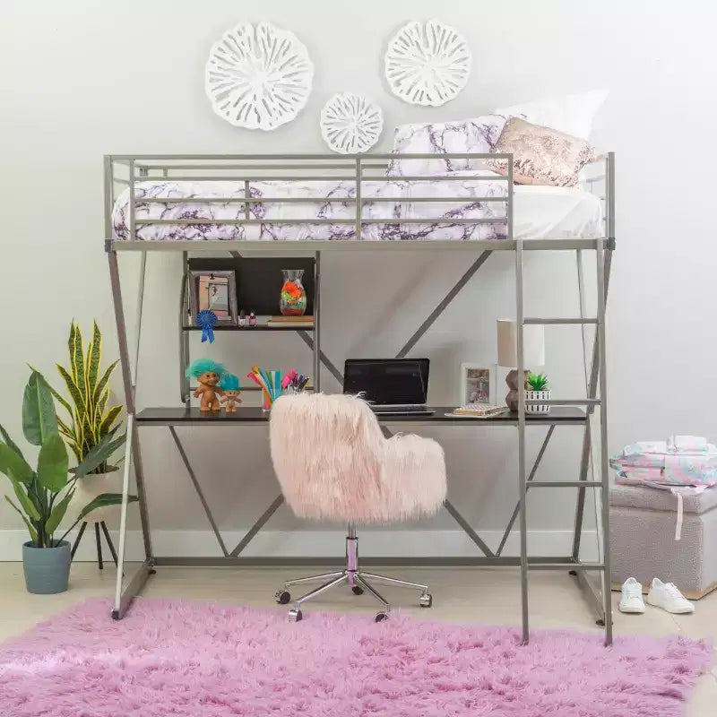 Modern Industrial Pewter Metal Kids' Twin Loft Bed with Built in Study Desk
