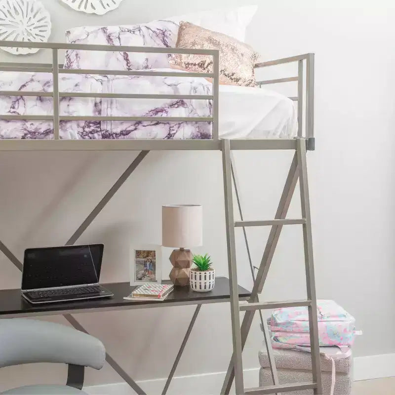 Modern Industrial Pewter Metal Kids' Twin Loft Bed with Built in Study Desk