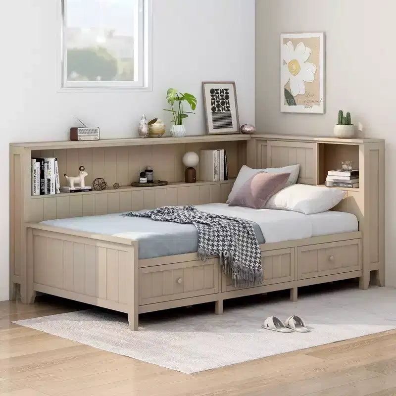 Wood Daybed with Storage Shelves and 3 Drawers