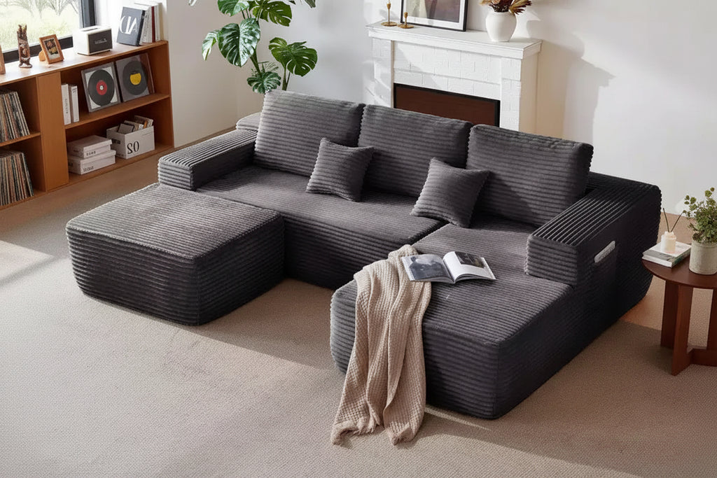 104Cloud Sectional Sofa,U-Shaped Chaise,Deep Seat,Side Pockets,Plush Fabric,No Assembly,Grey,Right Facing
