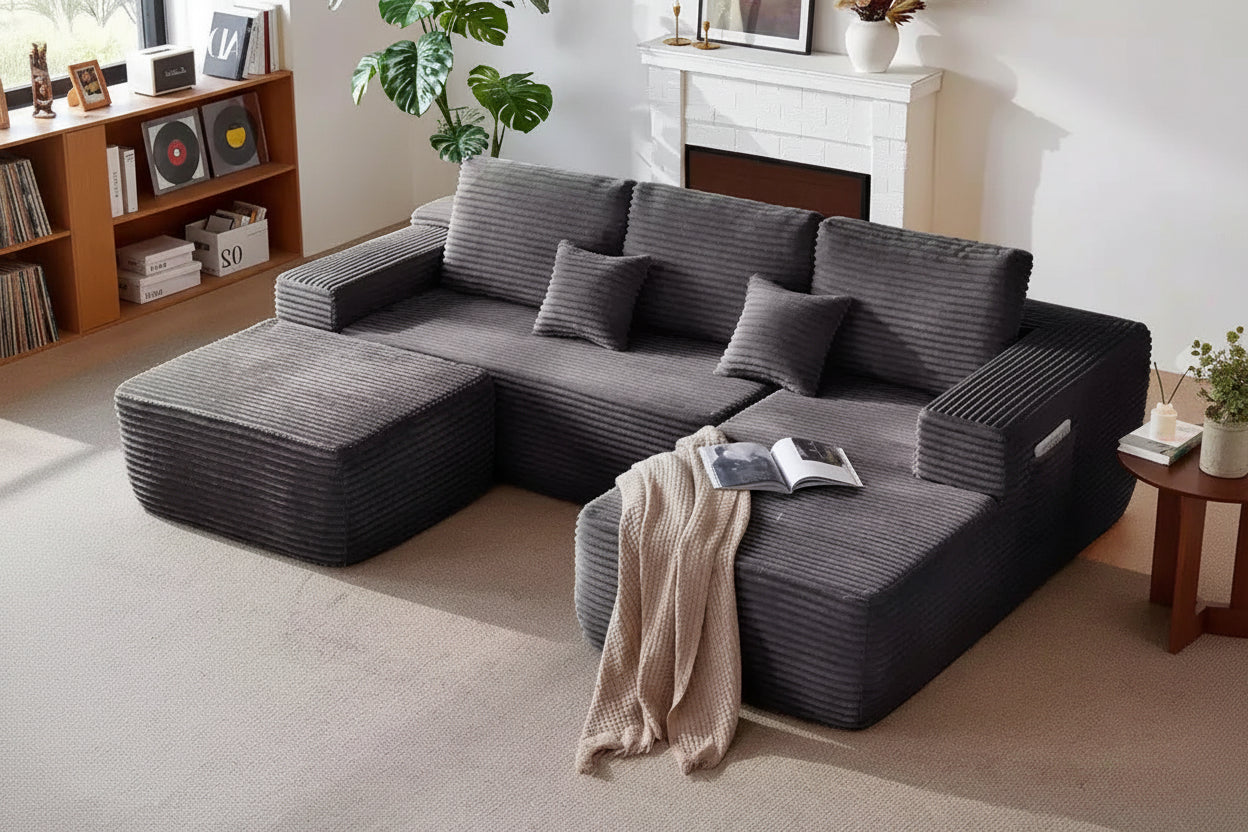 104Cloud Sectional Sofa,U-Shaped Chaise,Deep Seat,Side Pockets,Plush Fabric,No Assembly,Grey,Right Facing