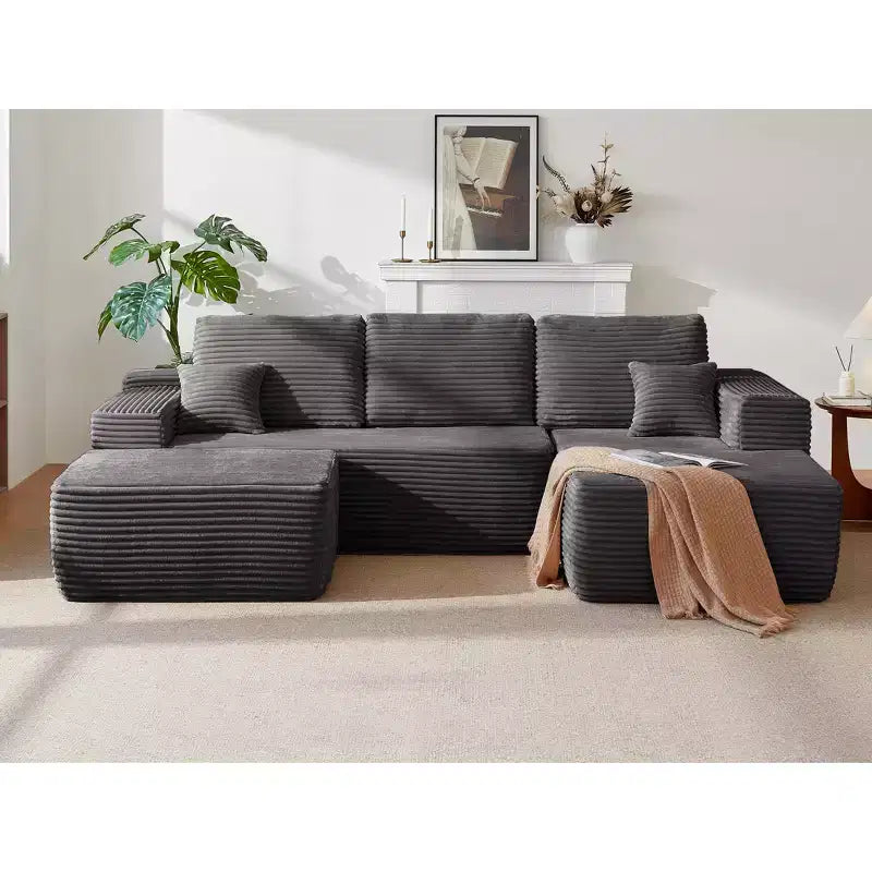 Sectional Sofa,U-Shaped Chaise,Deep Seat,Side Pockets,Plush Fabric,No Assembly,Grey,Right Facing