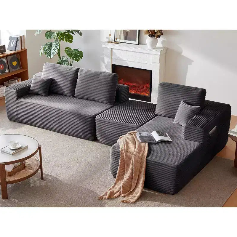 Sectional Sofa,U-Shaped Chaise,Deep Seat,Side Pockets,Plush Fabric,No Assembly,Grey,Right Facing