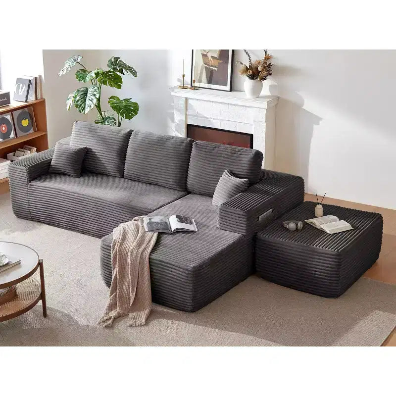 Sectional Sofa,U-Shaped Chaise,Deep Seat,Side Pockets,Plush Fabric,No Assembly,Grey,Right Facing