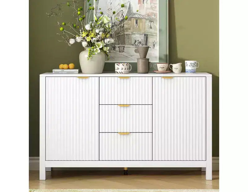 Wave-shaped entryway cabinet with 3 drawers, 3 adjustable shelves, soft-close doors, and metal handlesideal for hallways,or living rooms