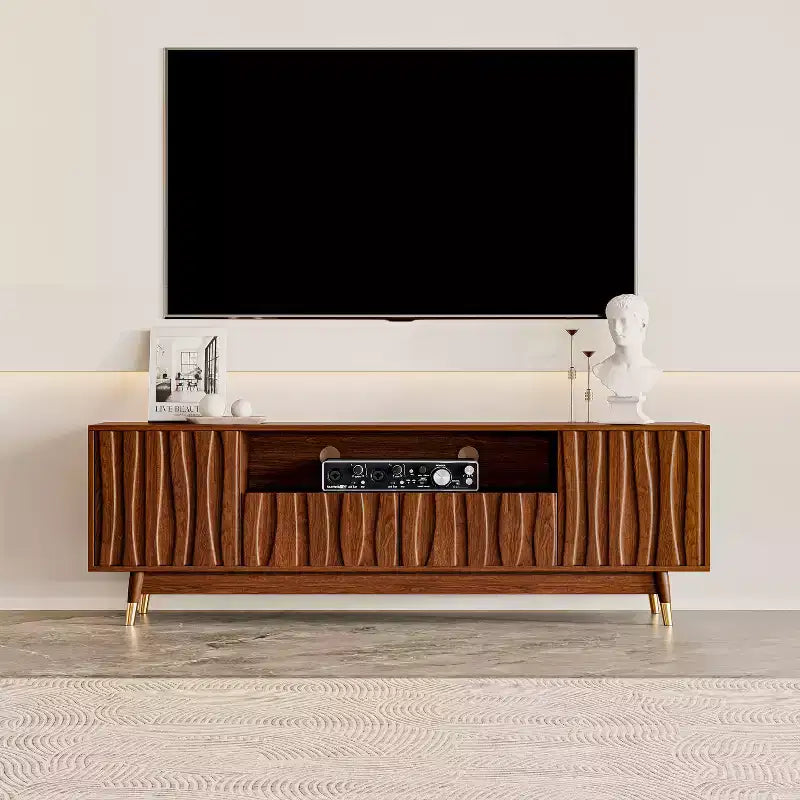 Wood TV Stand with Drawer and Cabinet, Mid Century Modern Entertainment Center with Solid Wood Feet, Brown Media Console for Living Room