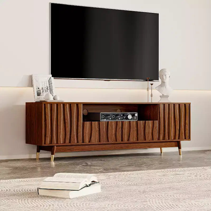 Wood TV Stand with Drawer and Cabinet, Mid Century Modern Entertainment Center with Solid Wood Feet, Brown Media Console for Living Room