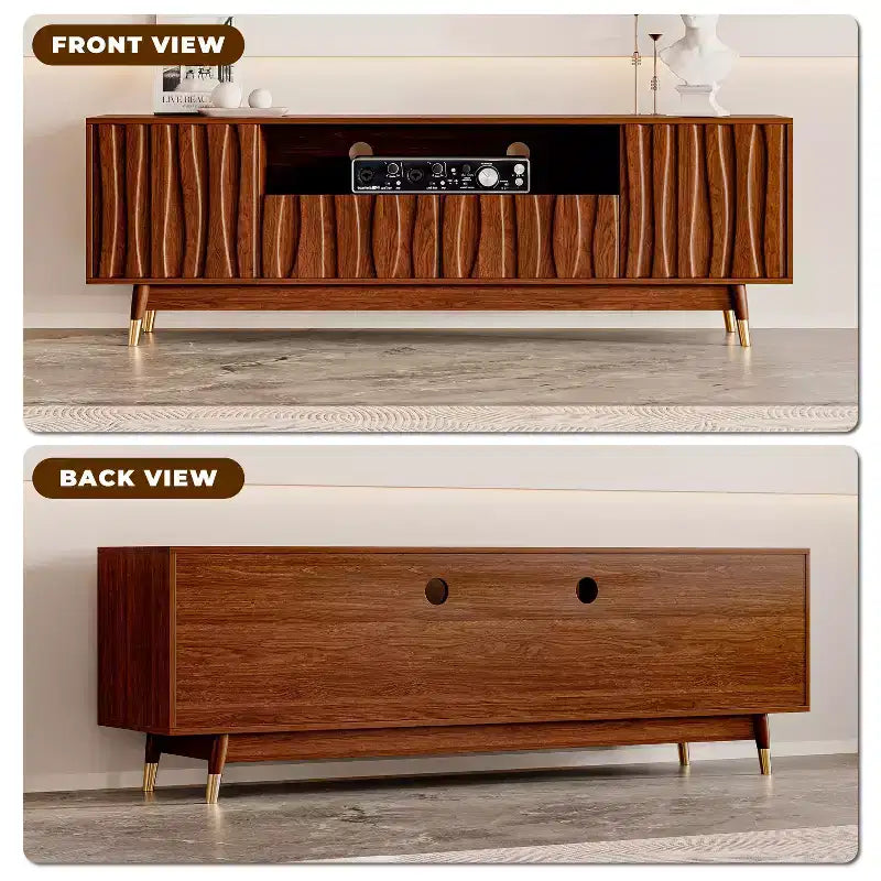 Wood TV Stand with Drawer and Cabinet, Mid Century Modern Entertainment Center with Solid Wood Feet, Brown Media Console for Living Room