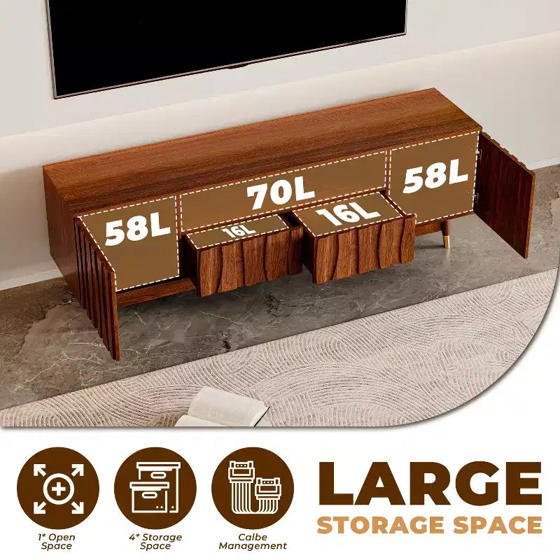 Wood TV Stand with Drawer and Cabinet, Mid Century Modern Entertainment Center with Solid Wood Feet, Brown Media Console for Living Room
