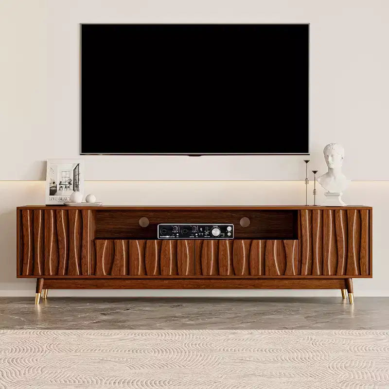 Wood TV Stand with Drawer and Cabinet, Mid Century Modern Entertainment Center with Solid Wood Feet, Brown Media Console for Living Room
