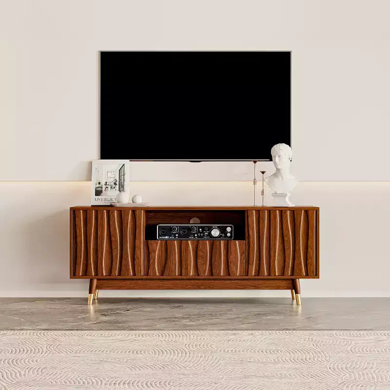 Wood TV Stand with Drawer and Cabinet, Mid Century Modern Entertainment Center with Solid Wood Feet, Brown Media Console for Living Room