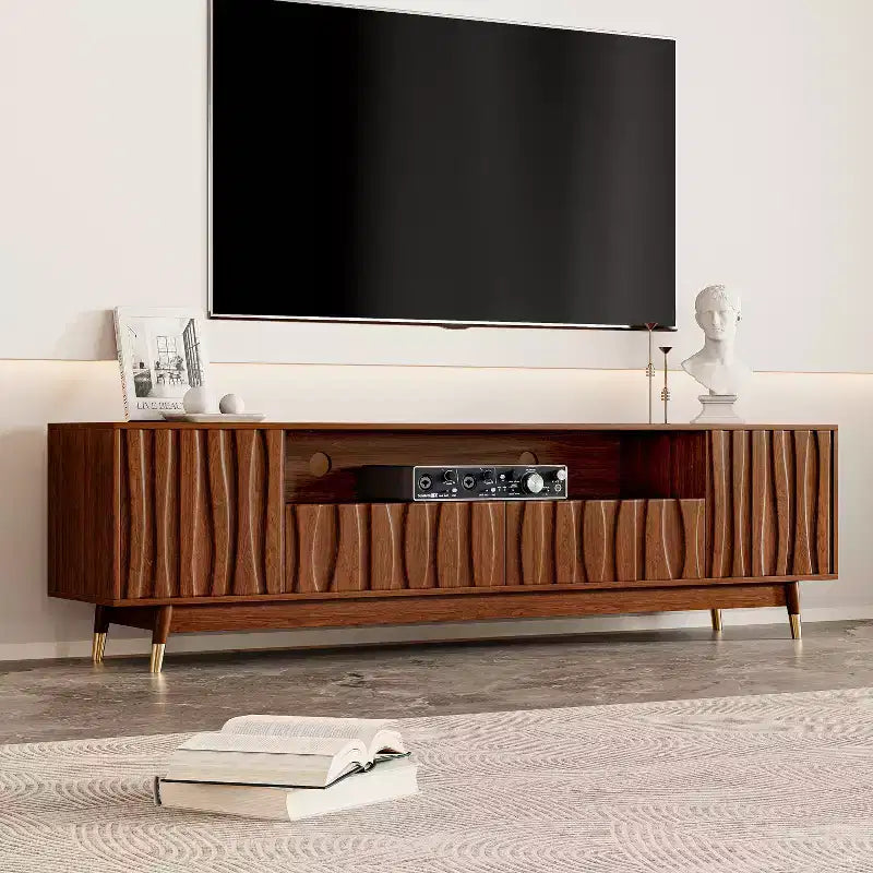 Wood TV Stand with Drawer and Cabinet, Mid Century Modern Entertainment Center with Solid Wood Feet, Brown Media Console for Living Room