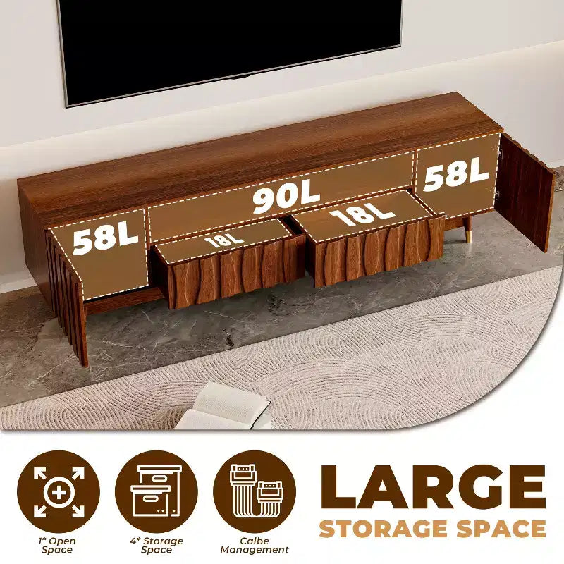 Wood TV Stand with Drawer and Cabinet, Mid Century Modern Entertainment Center with Solid Wood Feet, Brown Media Console for Living Room