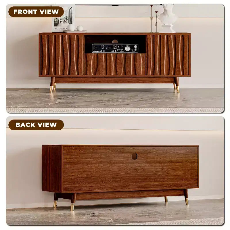 Wood TV Stand with Drawer and Cabinet, Mid Century Modern Entertainment Center with Solid Wood Feet, Brown Media Console for Living Room
