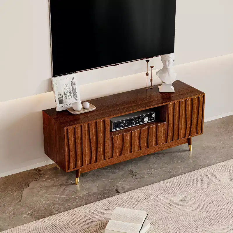 Wood TV Stand with Drawer and Cabinet, Mid Century Modern Entertainment Center with Solid Wood Feet, Brown Media Console for Living Room