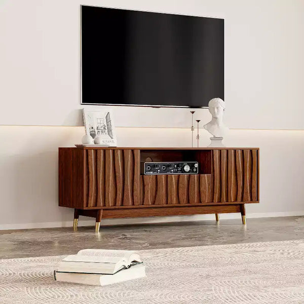 ATJafurn Wood TV Stand with Drawer and Cabinet, Mid Century Modern Entertainment Center with Solid Wood Feet, Brown Media Console for Living Room