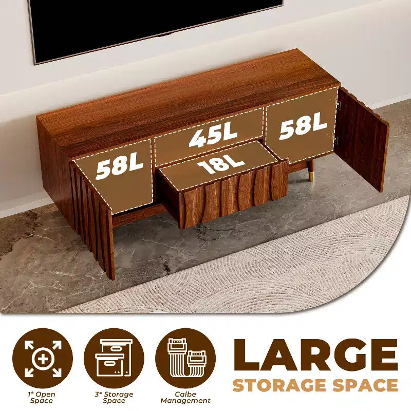 Wood TV Stand with Drawer and Cabinet, Mid Century Modern Entertainment Center with Solid Wood Feet, Brown Media Console for Living Room