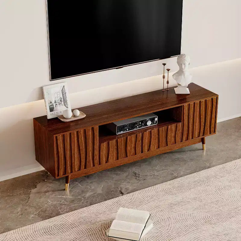 Wood TV Stand with Drawer and Cabinet, Mid Century Modern Entertainment Center with Solid Wood Feet, Brown Media Console for Living Room
