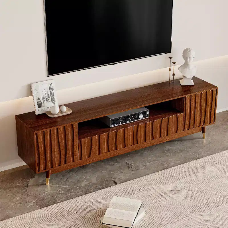 Wood TV Stand with Drawer and Cabinet, Mid Century Modern Entertainment Center with Solid Wood Feet, Brown Media Console for Living Room