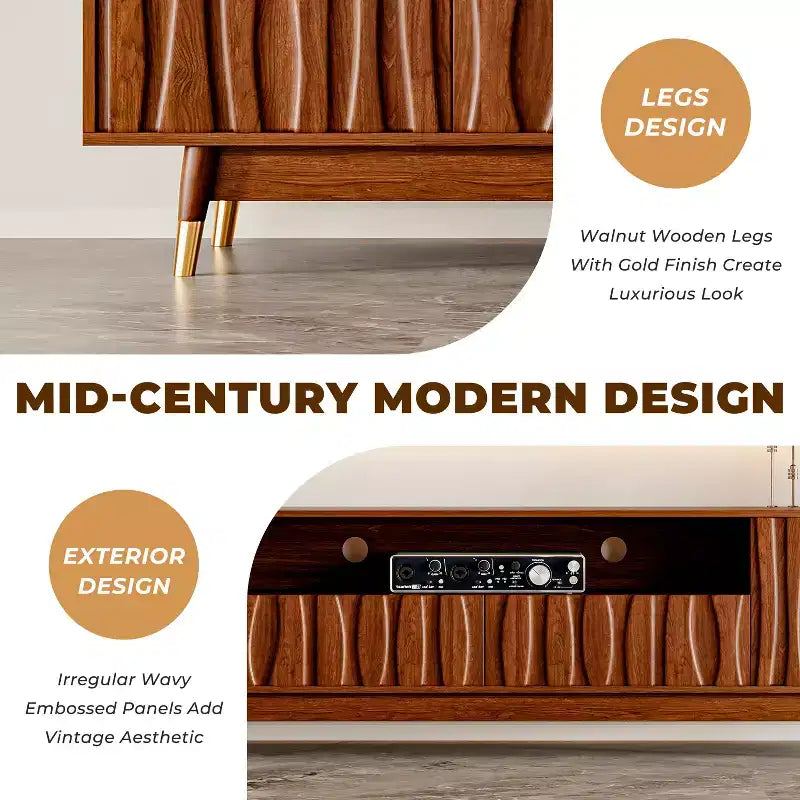 Wood TV Stand with Drawer and Cabinet, Mid Century Modern Entertainment Center with Solid Wood Feet, Brown Media Console for Living Room