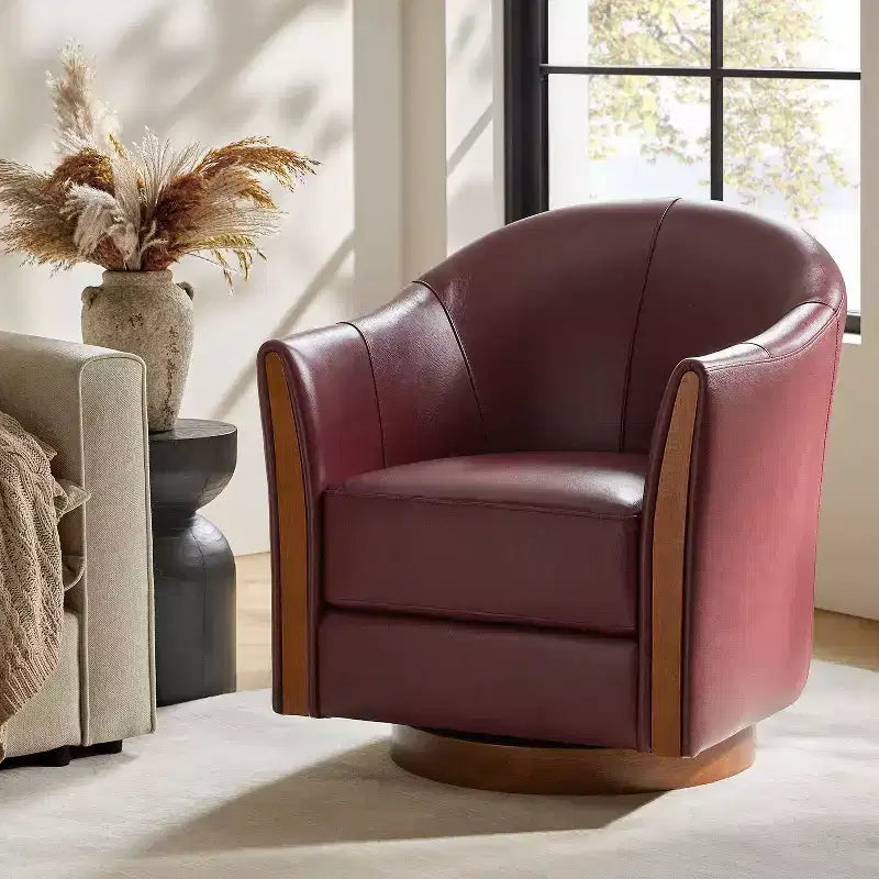 Transitional Genuine Leather Swivel Barrel Chair With Solid Wood BaseArtful Living Design