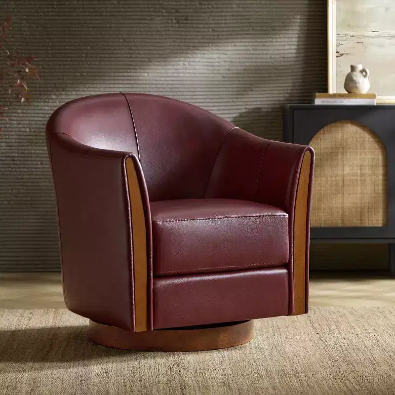 Transitional Genuine Leather Swivel Barrel Chair With Solid Wood BaseArtful Living Design