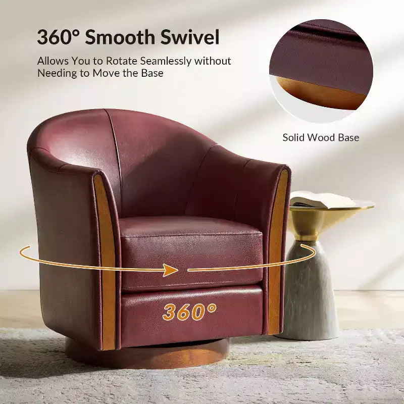 Transitional Genuine Leather Swivel Barrel Chair With Solid Wood BaseArtful Living Design