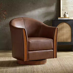 Transitional Genuine Leather Swivel Barrel Chair With Solid Wood BaseArtful Living Design