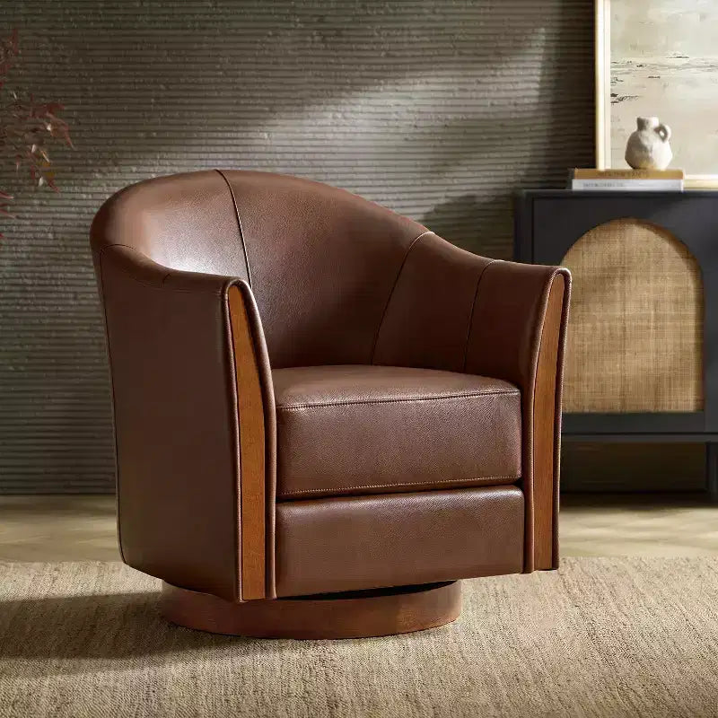Transitional Genuine Leather Swivel Barrel Chair With Solid Wood BaseArtful Living Design