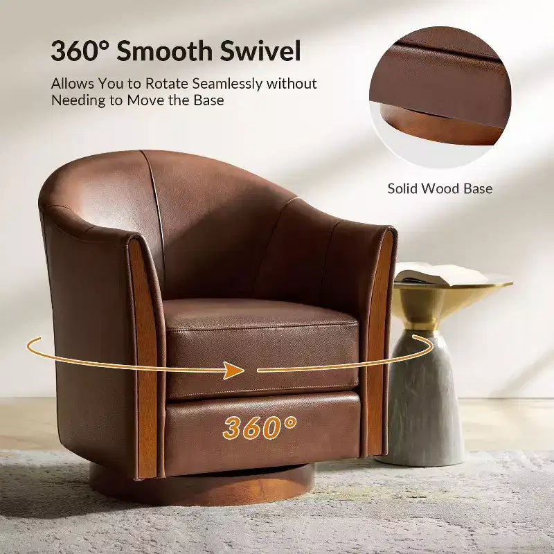 Transitional Genuine Leather Swivel Barrel Chair With Solid Wood BaseArtful Living Design