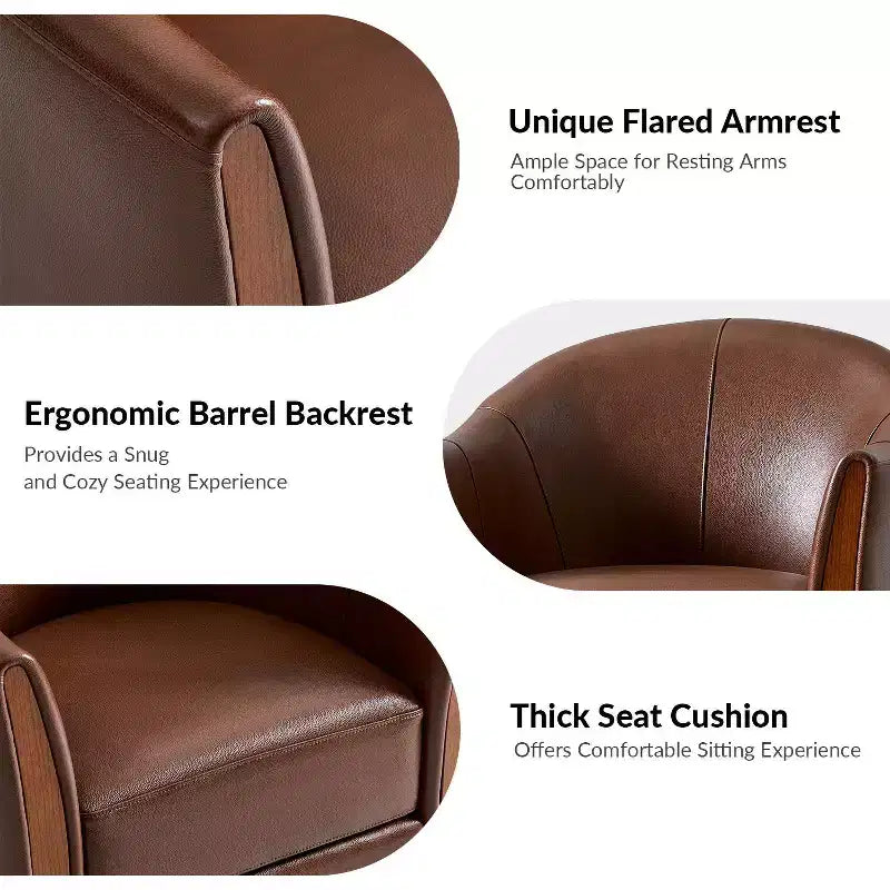 Transitional Genuine Leather Swivel Barrel Chair With Solid Wood BaseArtful Living Design