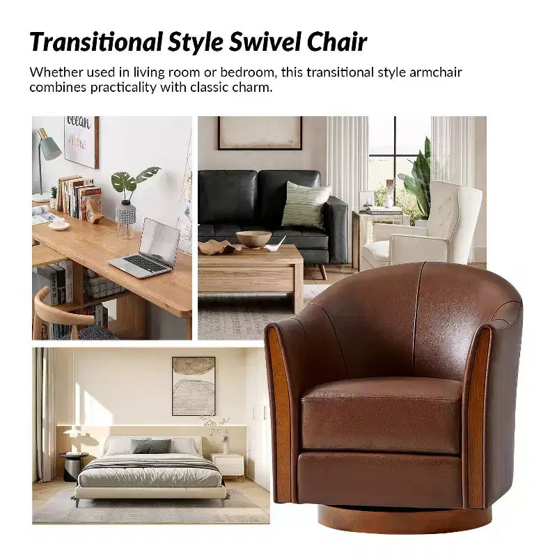 Transitional Genuine Leather Swivel Barrel Chair With Solid Wood BaseArtful Living Design