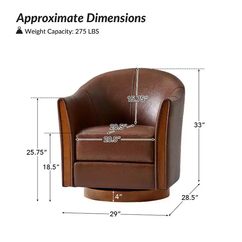 Transitional Genuine Leather Swivel Barrel Chair With Solid Wood BaseArtful Living Design