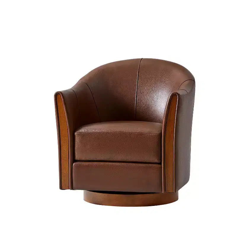 Pocono Transitional Genuine Leather Swivel Barrel Chair With Solid Wood BaseArtful Living Design