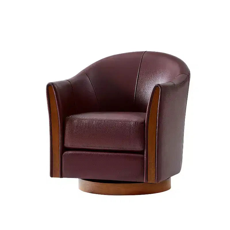 Transitional Genuine Leather Swivel Barrel Chair With Solid Wood BaseArtful Living Design