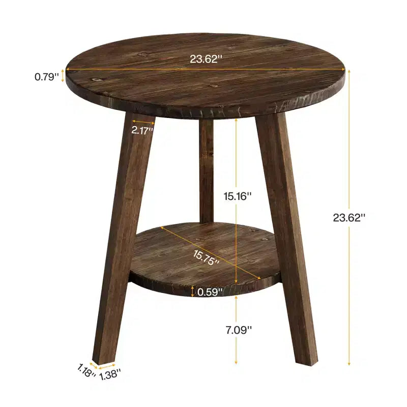 Solid Wood Round End Table with Storage Shelf, Farmhouse Sofa Side Table and Nightstand for Living Room and Bedroom, Dark Brown, Easy Assembly