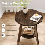 Solid Wood Round End Table with Storage Shelf, Farmhouse Sofa Side Table and Nightstand for Living Room and Bedroom, Dark Brown, Easy Assembly