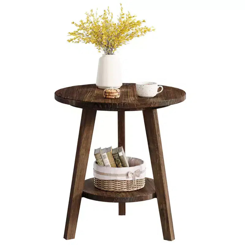 Solid Wood Round End Table with Storage Shelf, Farmhouse Sofa Side Table and Nightstand for Living Room and Bedroom, Dark Brown, Easy Assembly