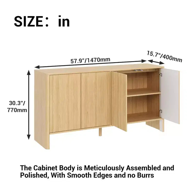 58In Sideboard Buffet Cabinet, Modern Fluted Storage Cabinet with 4 Doors & Adjustable Shelves, Wood Credenza Console