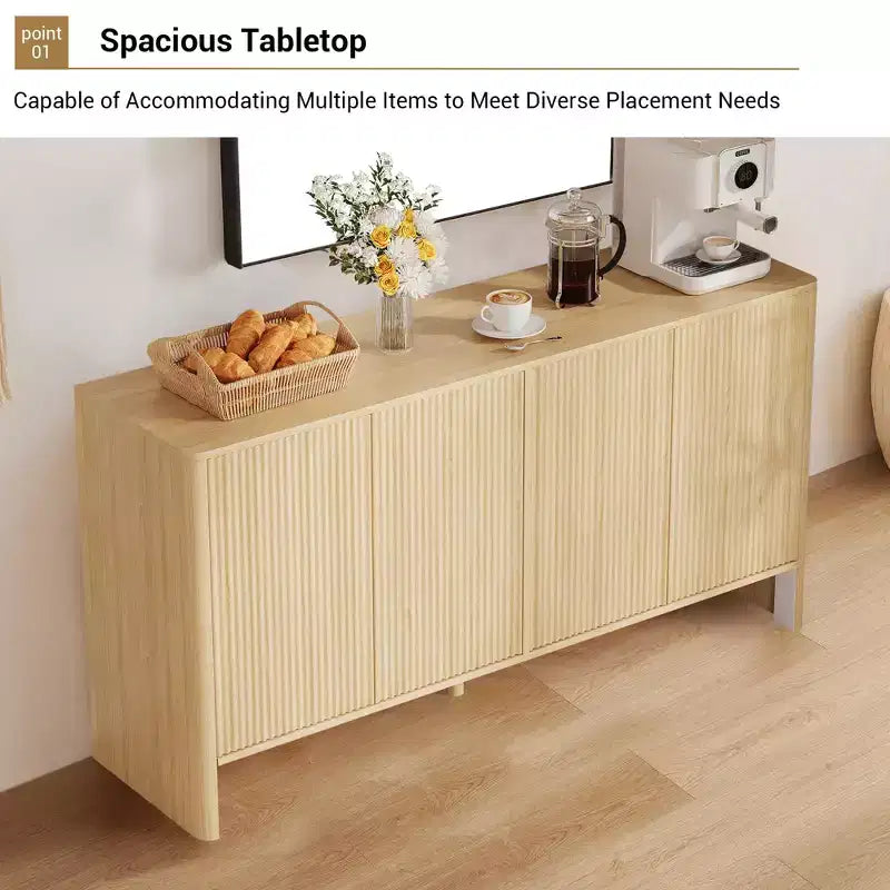 58In Sideboard Buffet Cabinet, Modern Fluted Storage Cabinet with 4 Doors & Adjustable Shelves, Wood Credenza Console