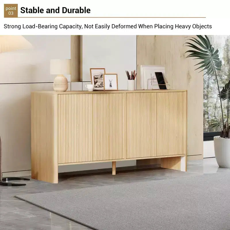 58In Sideboard Buffet Cabinet, Modern Fluted Storage Cabinet with 4 Doors & Adjustable Shelves, Wood Credenza Console