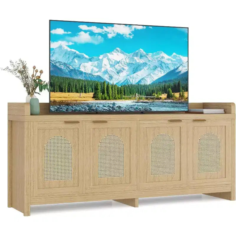 TV Stand for 65 Inch TV, Wood Entertainment Center with Glass Door Storage Cabinet, Entertainment Center Console Table for TV for Living Room