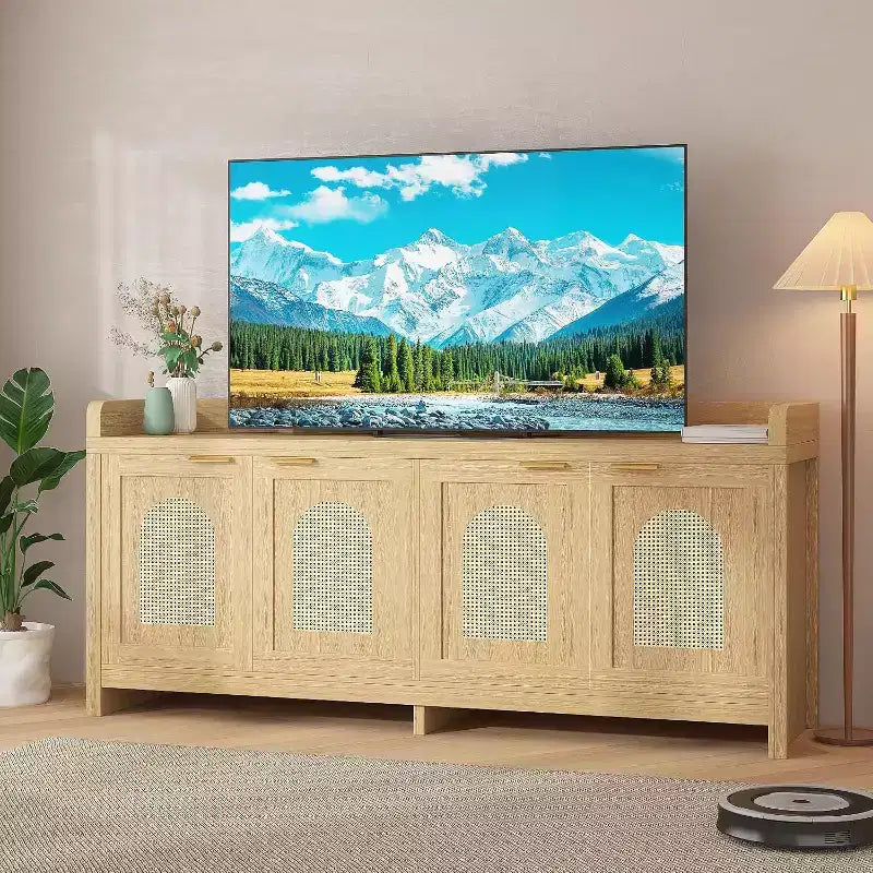 TV Stand for 65 Inch TV, Wood Entertainment Center with Glass Door Storage Cabinet, Entertainment Center Console Table for TV for Living Room