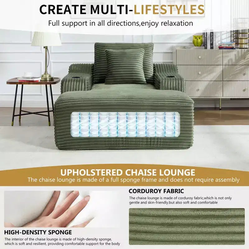 67'' Chaise Lounge Chair, Indoor Sleeper Sofa Bed with 2 Pillows, Boneless Single Sofa Couch for Living Room, No Assembly Required