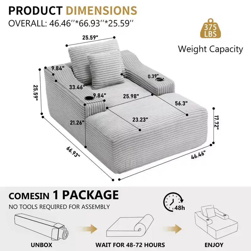 67'' Chaise Lounge Chair, Indoor Sleeper Sofa Bed with 2 Pillows, Boneless Single Sofa Couch for Living Room, No Assembly Required